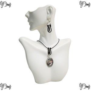 Carved Abalone Cameo Choker Necklace & Earrings Brown Hand knotted Leather